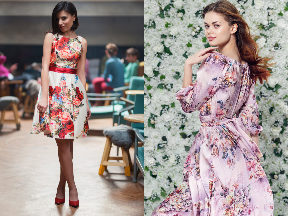Two women wearing floral dress