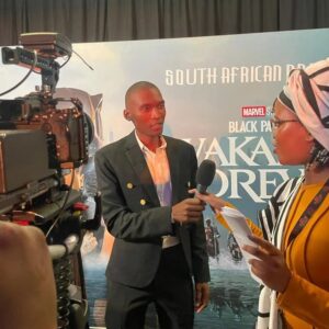 Malwandla Hlekane at the end of the interview at the Marvel Black Panther Premiere at Monte Casino, Fourways, 10 November 2022