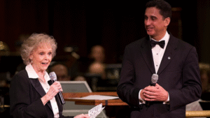 June Lockhart introduce a set of space themed music during the "Salute to Apollo" ceremony at the Kennedy Center July 18, 2009, in Washington.